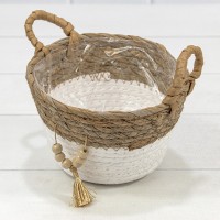 Корзина плетёная Круглая 15*12 (±5%) из камыша и бумаги с ручками Натуральный/Белый 1/96 Арт: 420125/1