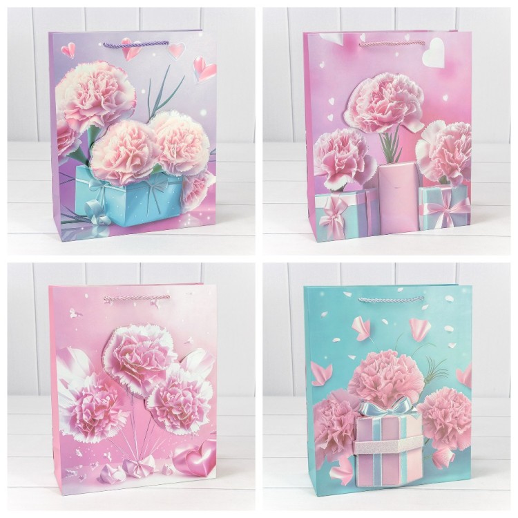 Пакет подарочный с 3D аппликацией "Гвоздики" (микс 260) 26*32*10 210г 1/20 1/240 Арт: 000260C